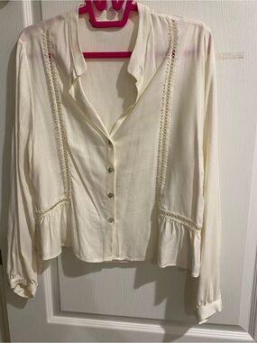 Zara Cream Lace-Trim Button Down Blouse